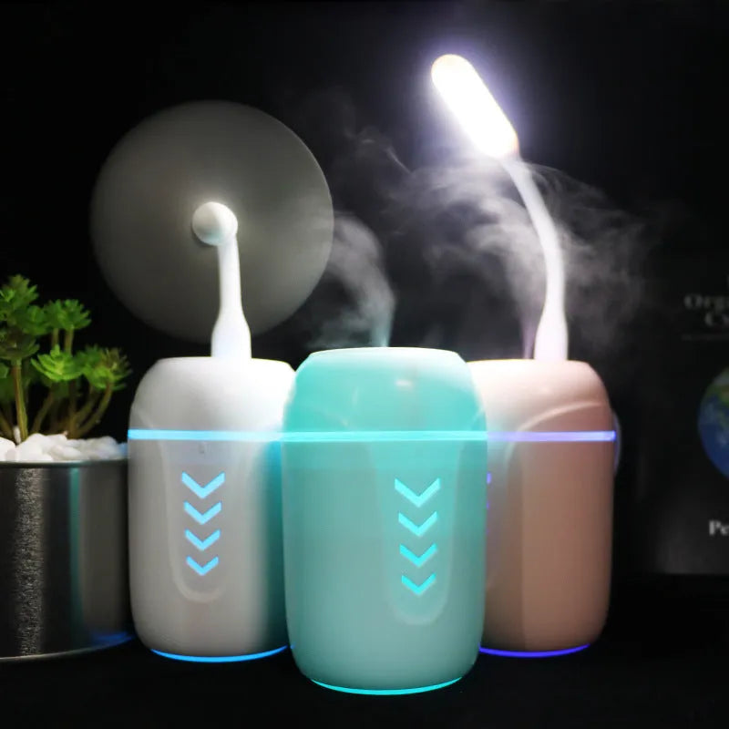 Portable car humidifier with columnar design in blue colour showing mist outlet and control dial