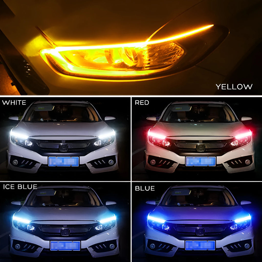 Blue and yellow LED car light strip installed on a vehicle headlight