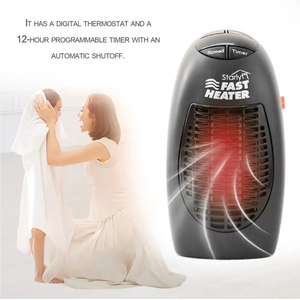 Black compact ceramic heater with digital display and rotating plug on desk
