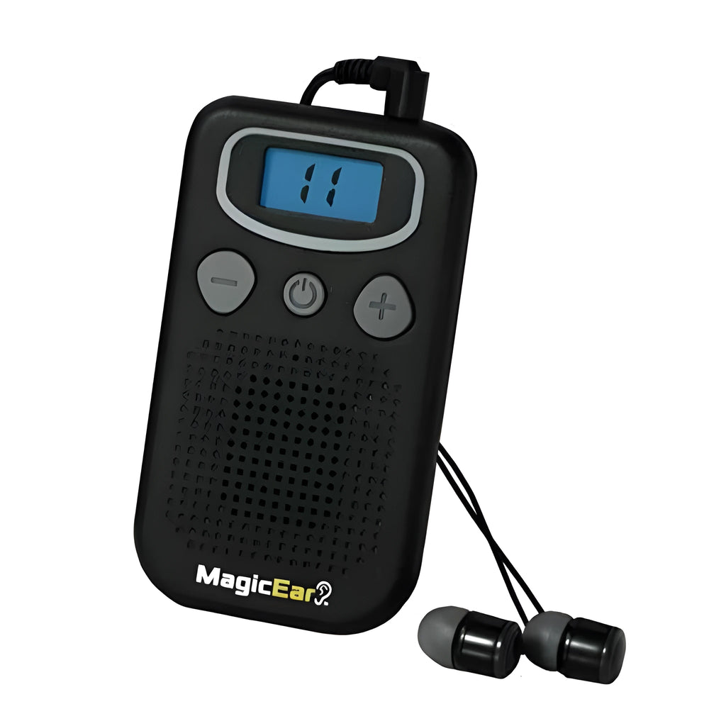 Digital display personal voice enhancer hearing aid booster designed like a handheld FM radio.