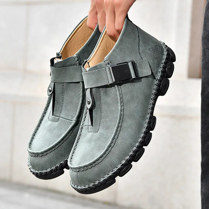 Handmade stitching flat bottom slip on casual shoes in black, green, and brown colours.
