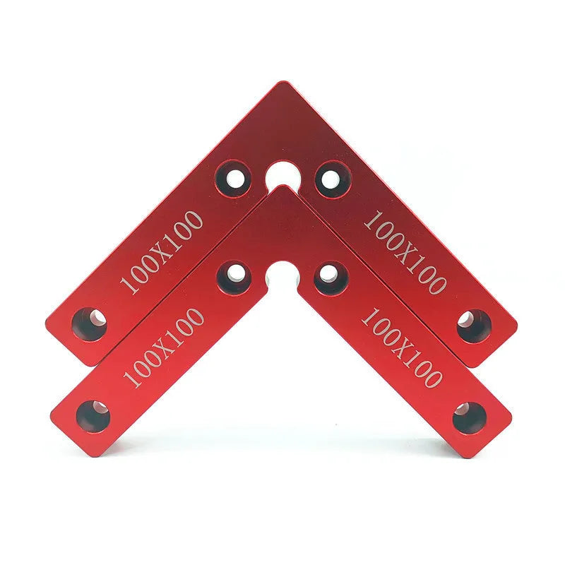 Aluminium right angle positioning clamp block for woodworking jigs, showing 90-degree corner and scale markings.