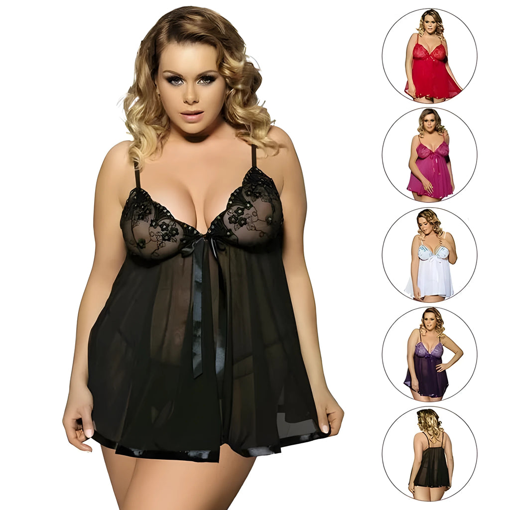 Women's black lace mesh sleepdress showing seamless construction and extended sizing