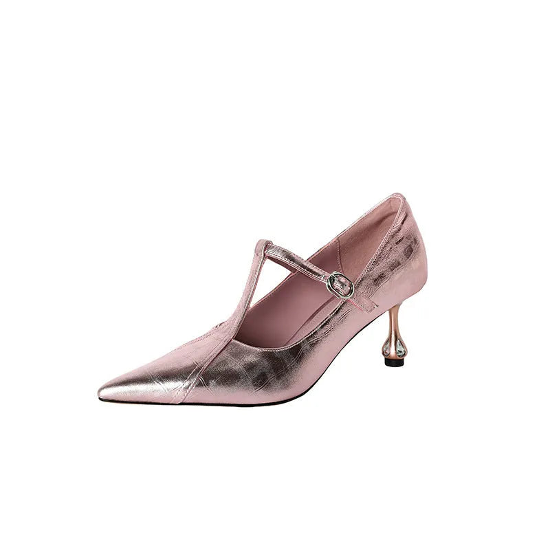 Women's gun colour Mary Jane pumps with a chunky heel and genuine leather upper