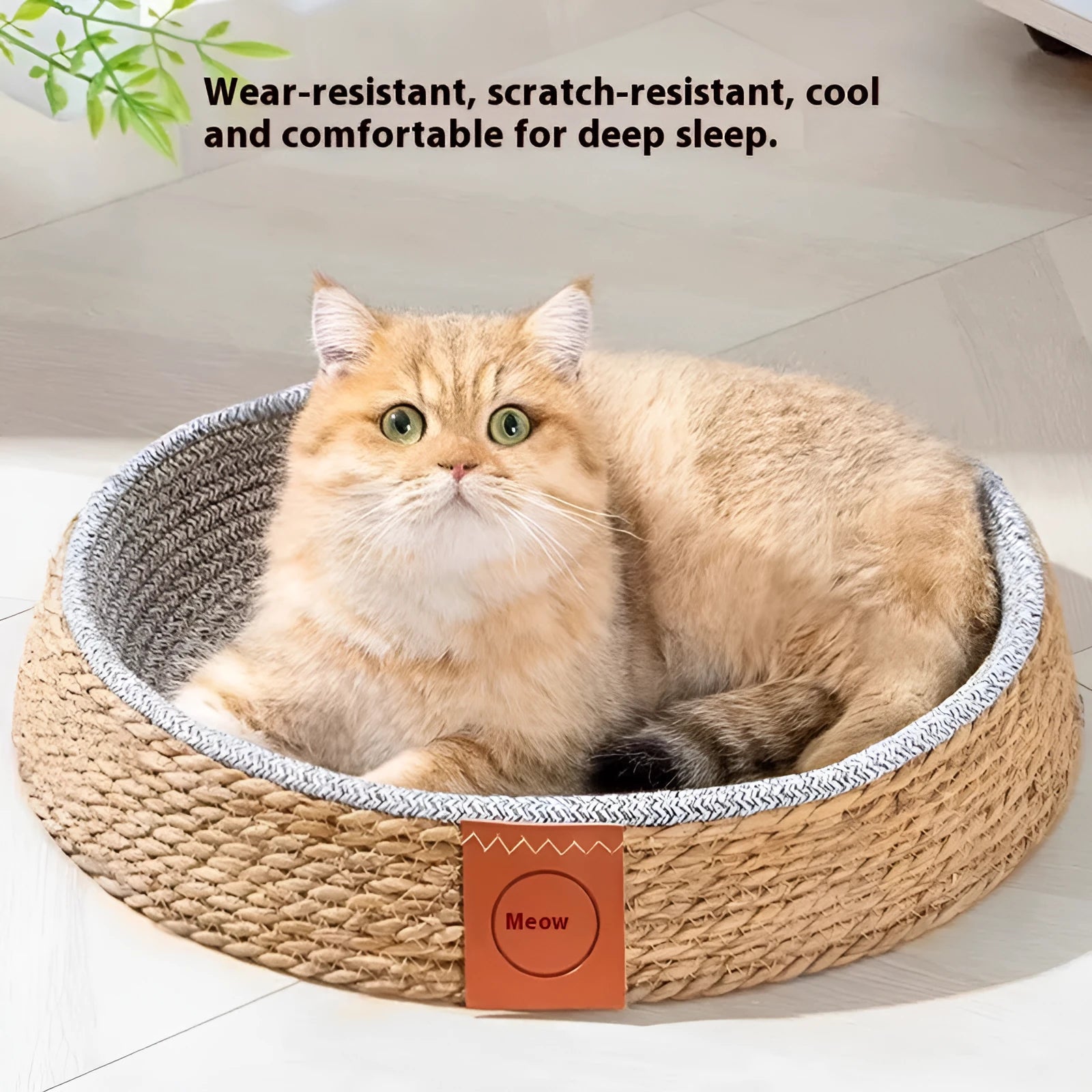 Natural rattan woven cat nest bed showing breathable open design suitable for feline sleeping