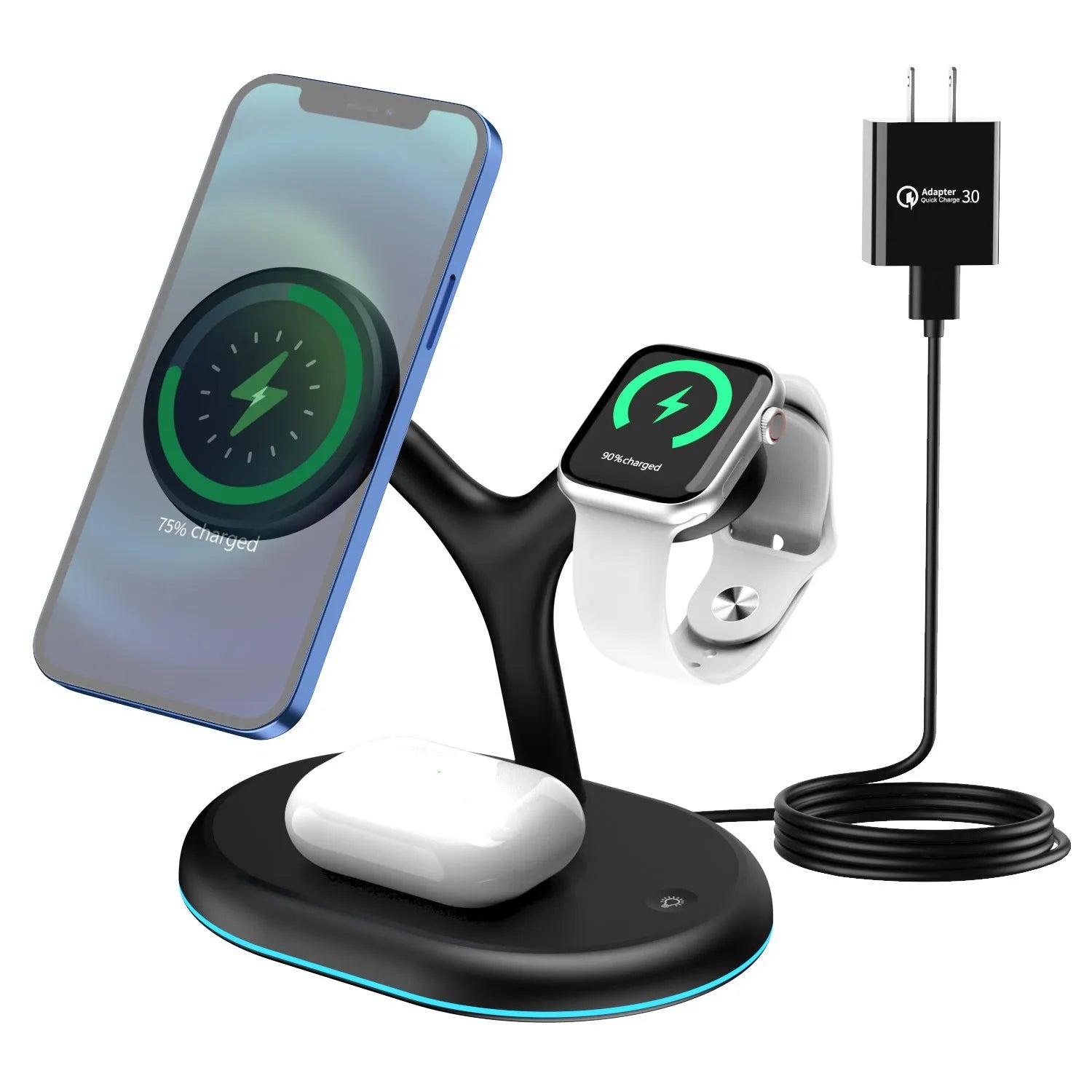 Black ABS plastic 3-in-1 magnetic wireless charging stand for phone, watch and earbuds.