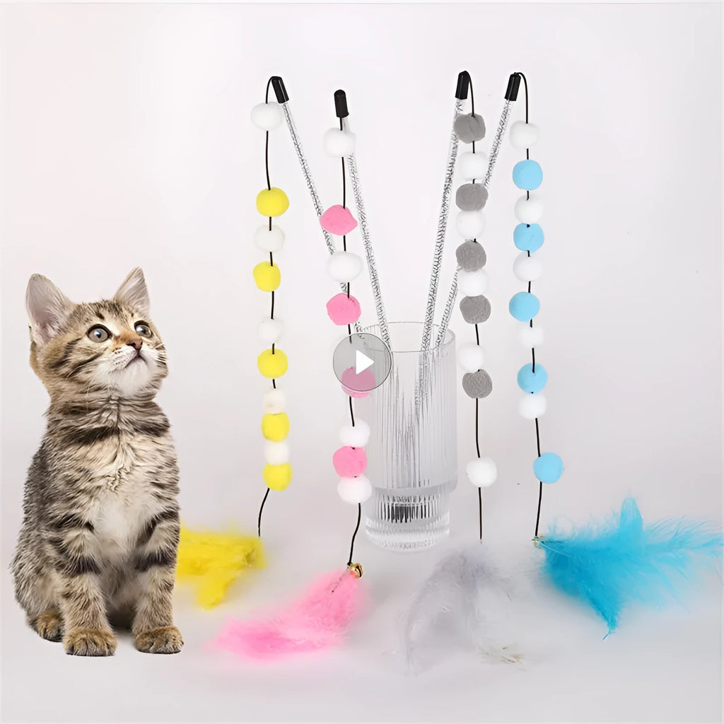 31cm cat teaser interactive toy rod with bell and colourful pompon feathers