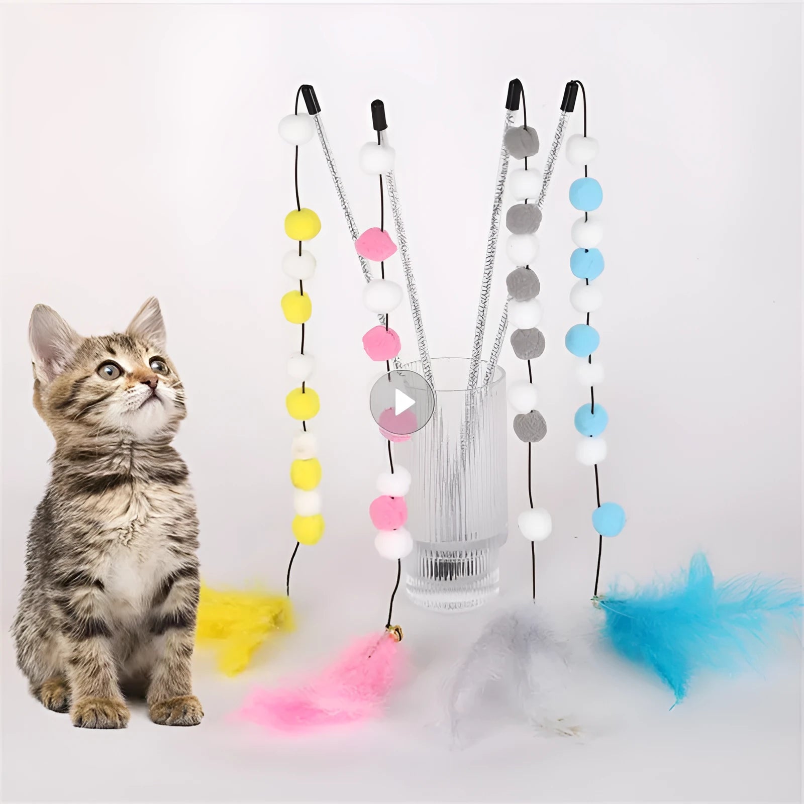 31cm cat teaser interactive toy rod with bell and colourful pompon feathers