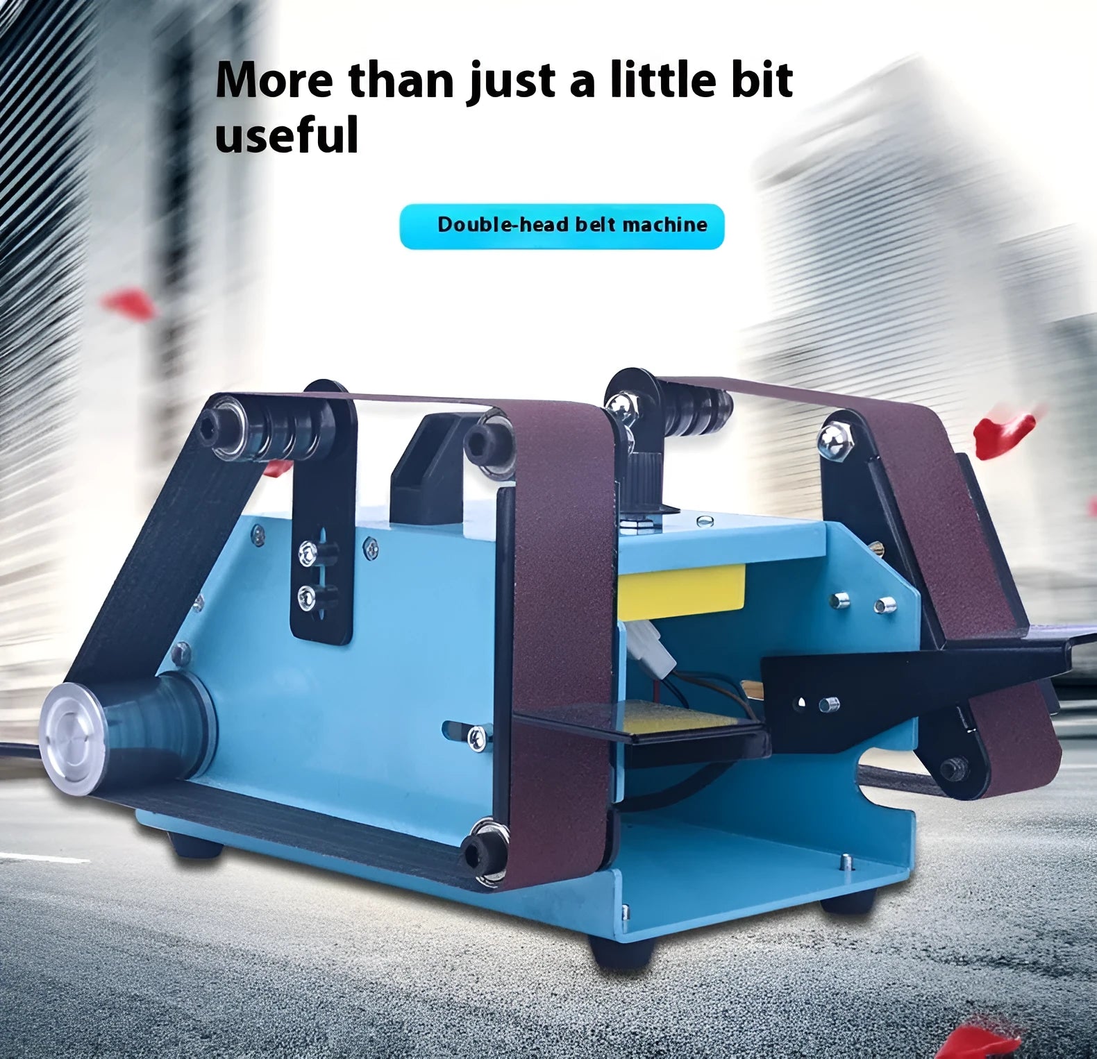 Blue desktop dual-axis belt sander with 750W motor and variable speed control for knife sharpening and polishing