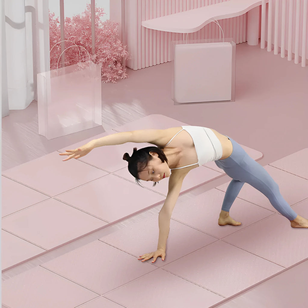Blue folding TPE gymnastic mat showing 6-fold design with dimensions 183x61cm