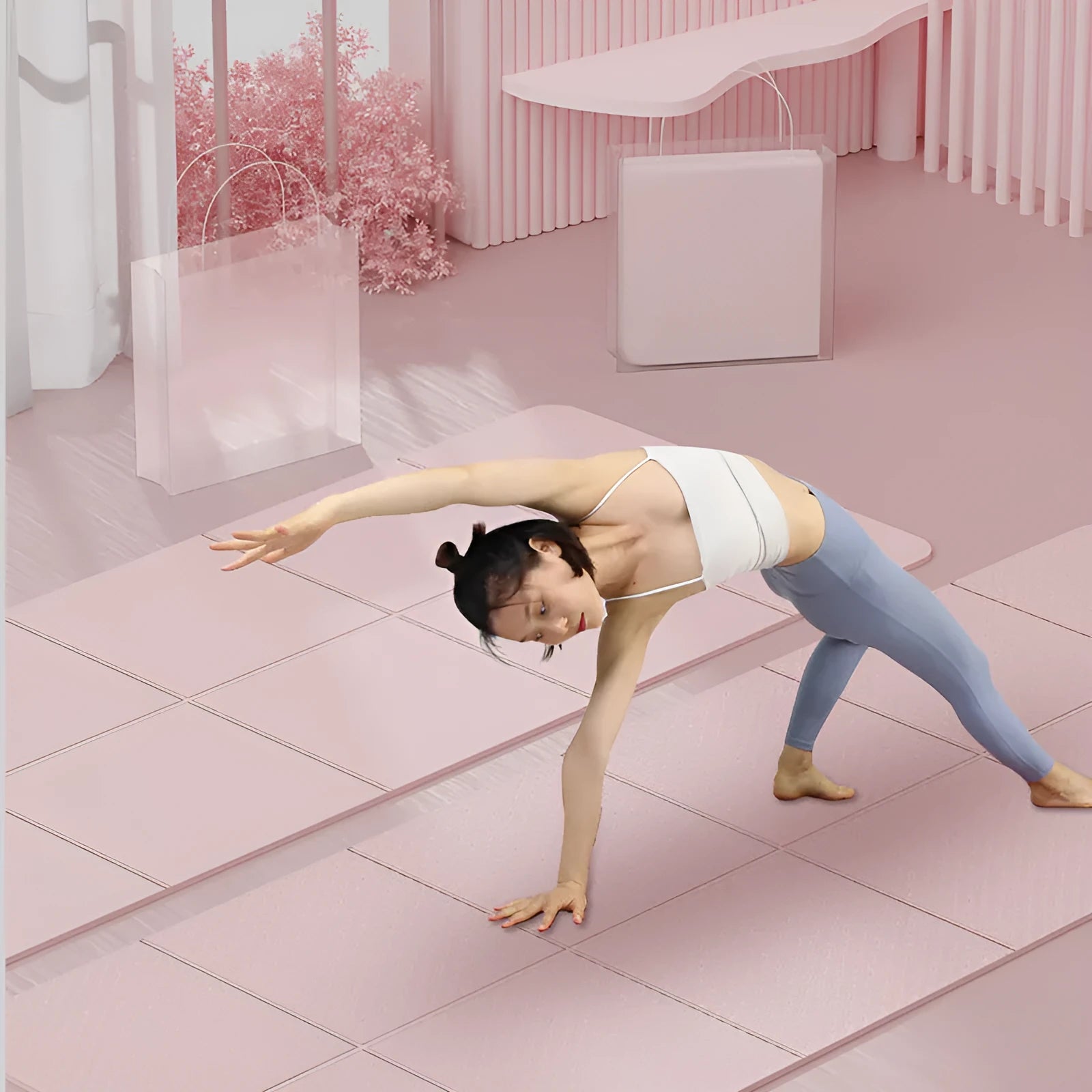 Blue folding TPE gymnastic mat showing 6-fold design with dimensions 183x61cm