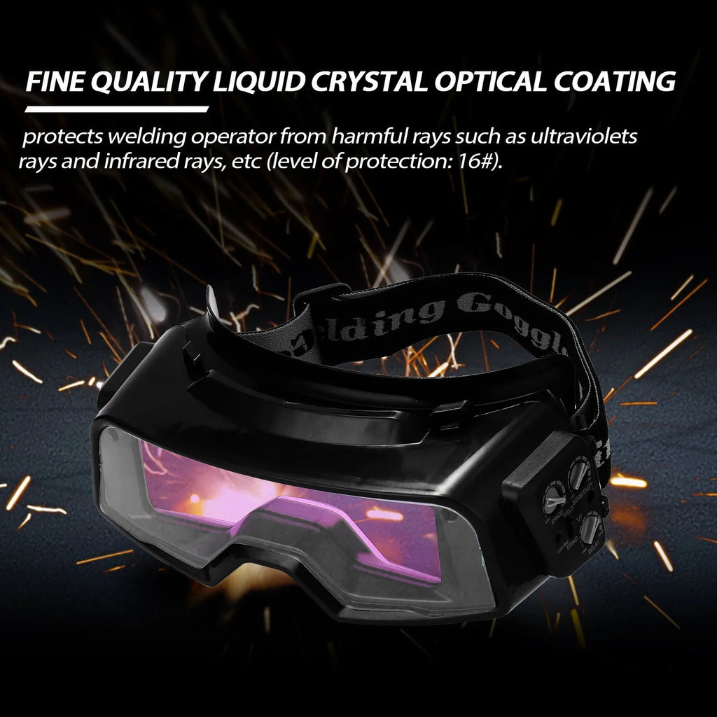 Black automatic darkening welding mask goggles with a wide rectangular lens.