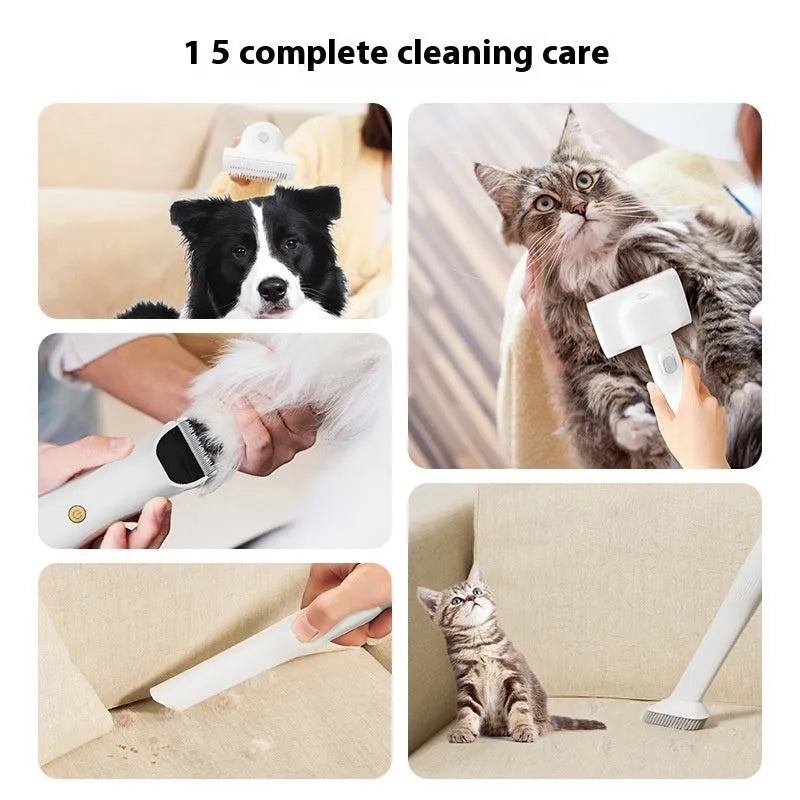 Pink and white multifunctional pet grooming vacuum cleaner with shears, hose, and dust cup.