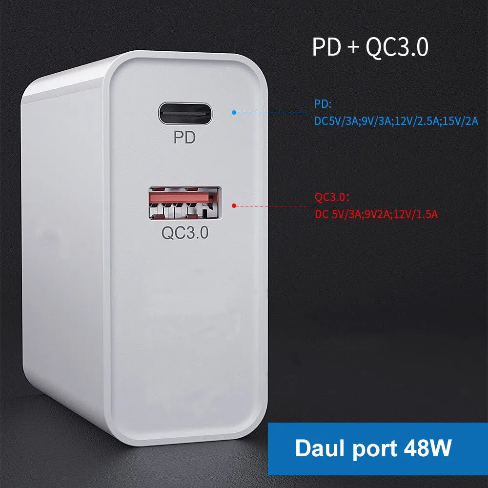 Multi-port mobile phone fast charger with PD and QC technology in black ABS plastic housing