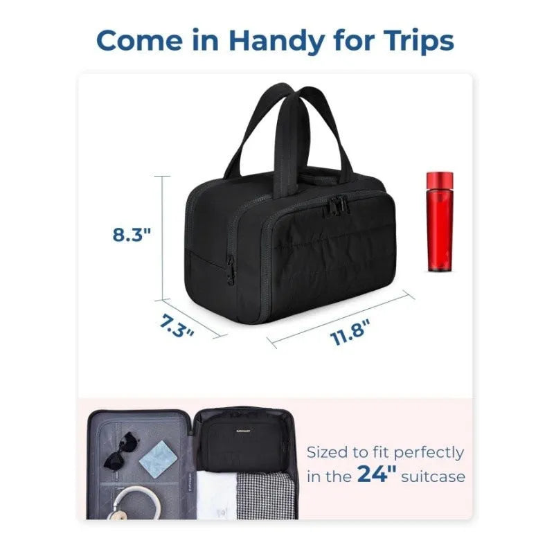 Large polyester travel toiletry bag with wide opening showing interior organisation space