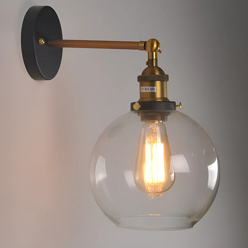 20cm round ball glass wall lamp with aluminium holder in amber, grey or clear colour