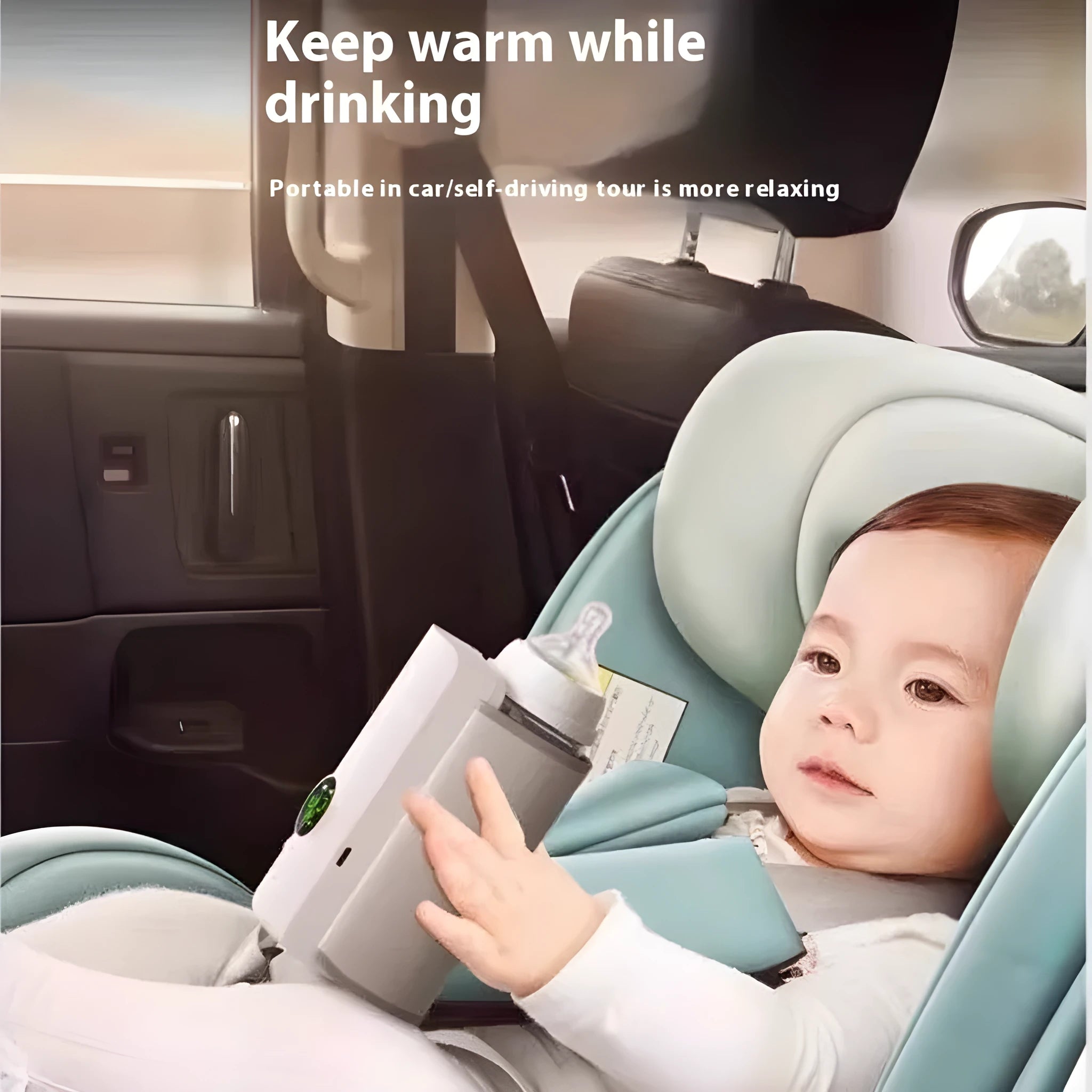 Grey and white car charger milk warmer with 36W heating and constant temperature control