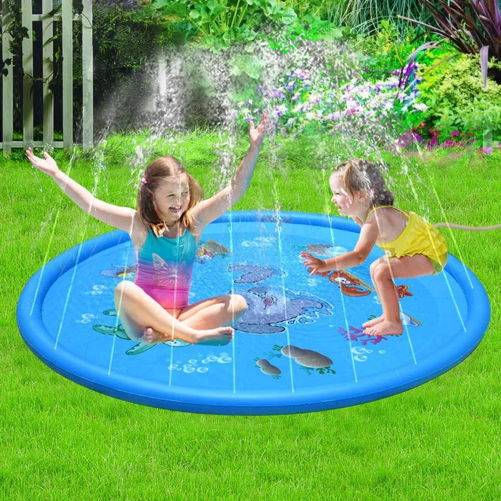 Blue PVC children's water spray mat with marine animal prints connected to garden hose
