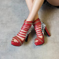 Fish mouth design high-top shoes with Roman block heel and snake skin surface in black, red or white colours