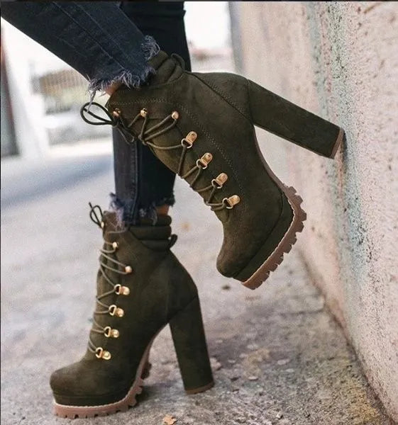 Women's suede thick-heel knee-high boots in army green with rivet details and a round toe.