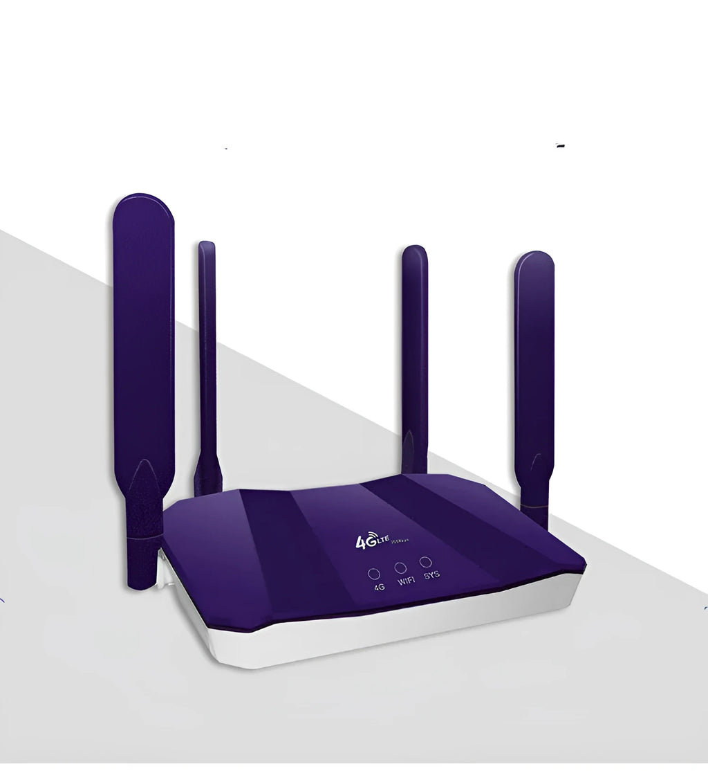 Blue 4G dual mode router with four external antennas showing front panel and connectivity ports