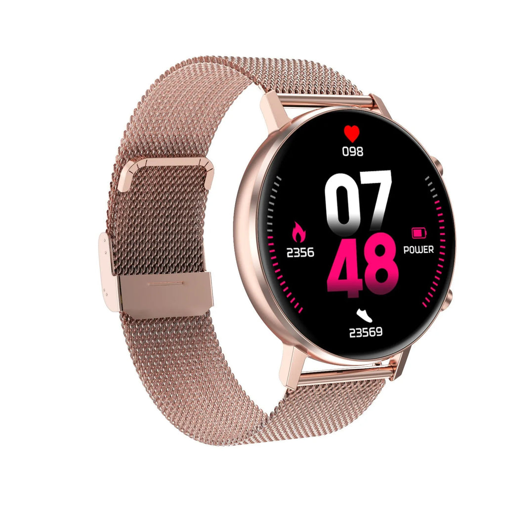 DT96 smart fitness bracelet with steel strap on a wrist, showing the 1.3-inch display.