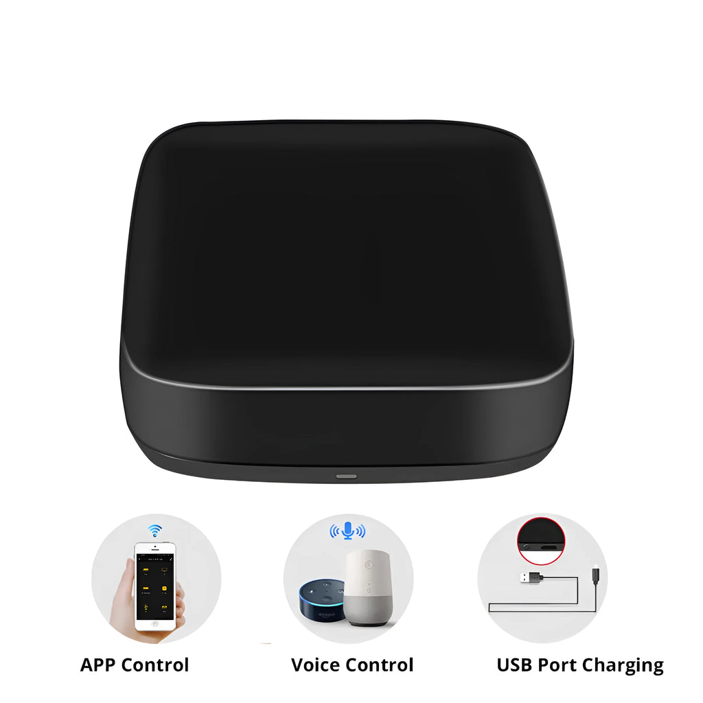 Black voice control universal infrared remote with WiFi connectivity for smart home devices