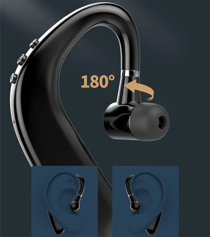 Black and blue unilateral wireless Bluetooth in-ear headset with rotatable earpiece.