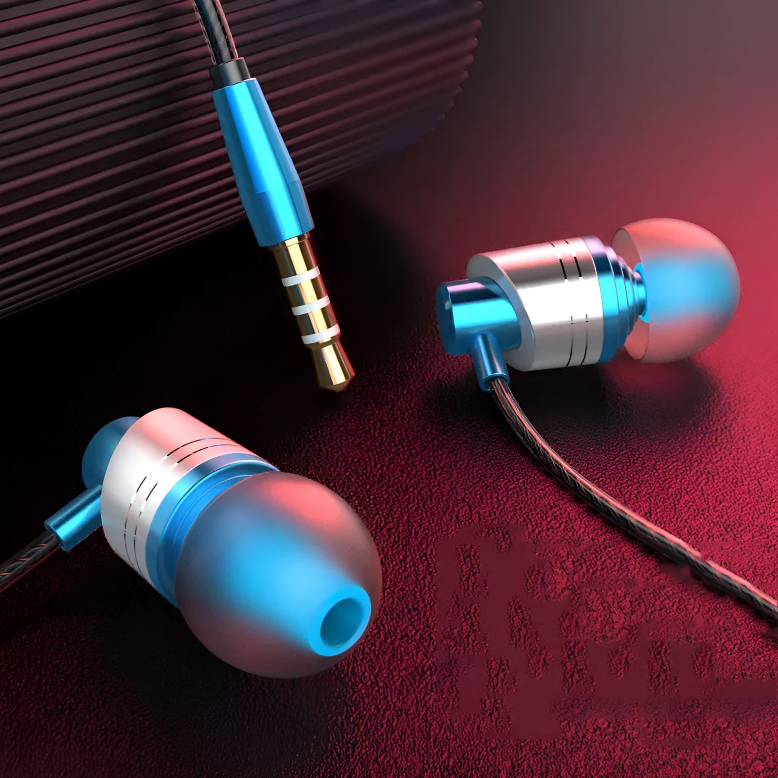Wired in-ear earphones with 3.5mm plug, TPE cable, and silicone earplugs in black, blue, or red