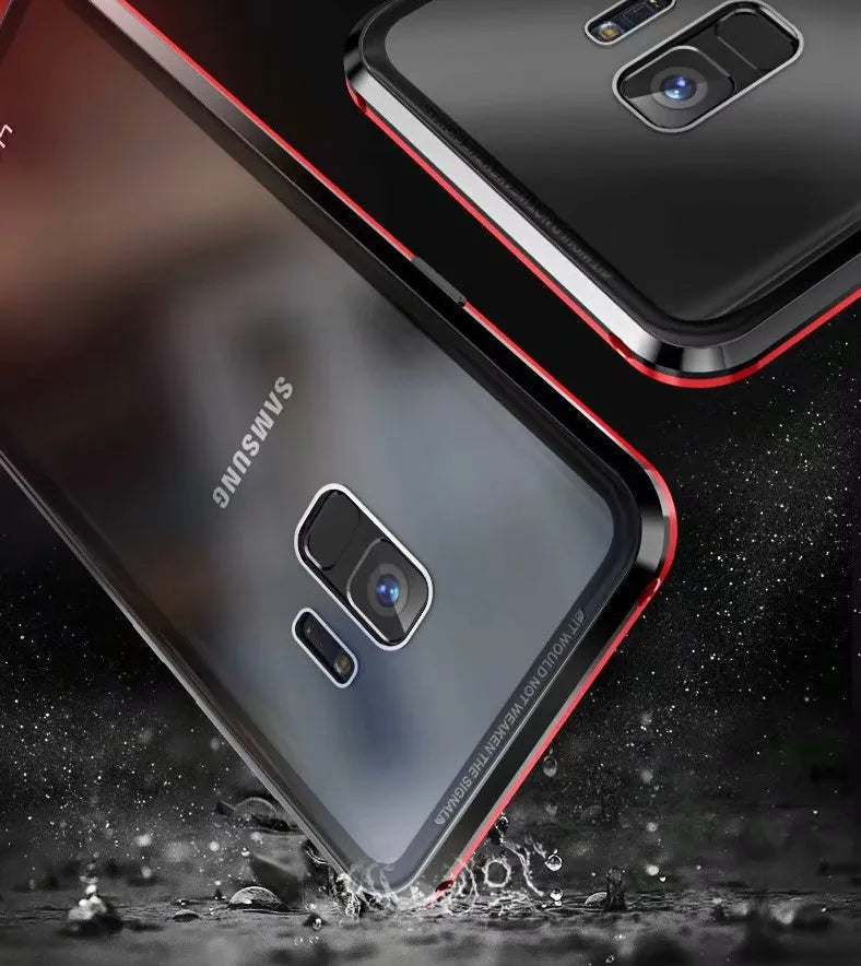 Black anti-peeping magnetic clamshell phone case for Samsung Galaxy showing privacy screen and magnetic closure