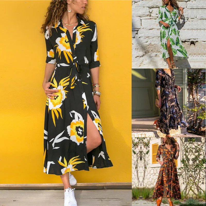 Women's white V-neck chiffon dress with printed A-line skirt and high waist on a hanger.