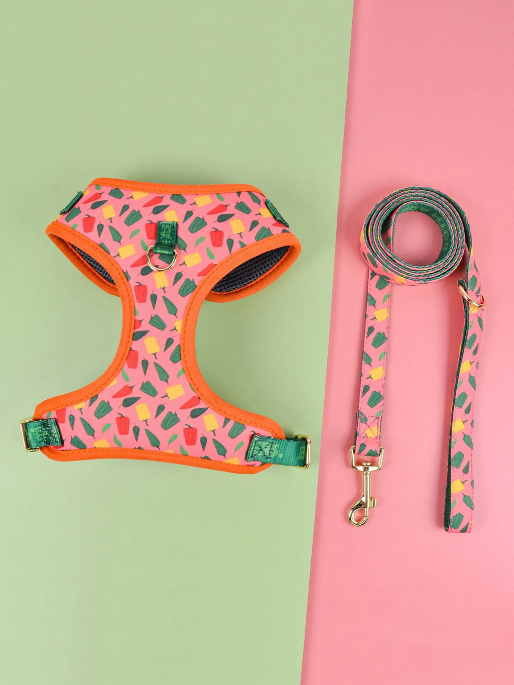 Colourful polyester dog harness for medium and large breeds on a white background