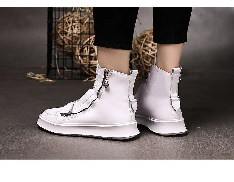 Black and white men's high-top ankle boots made from PU leather and microfiber for winter wear.