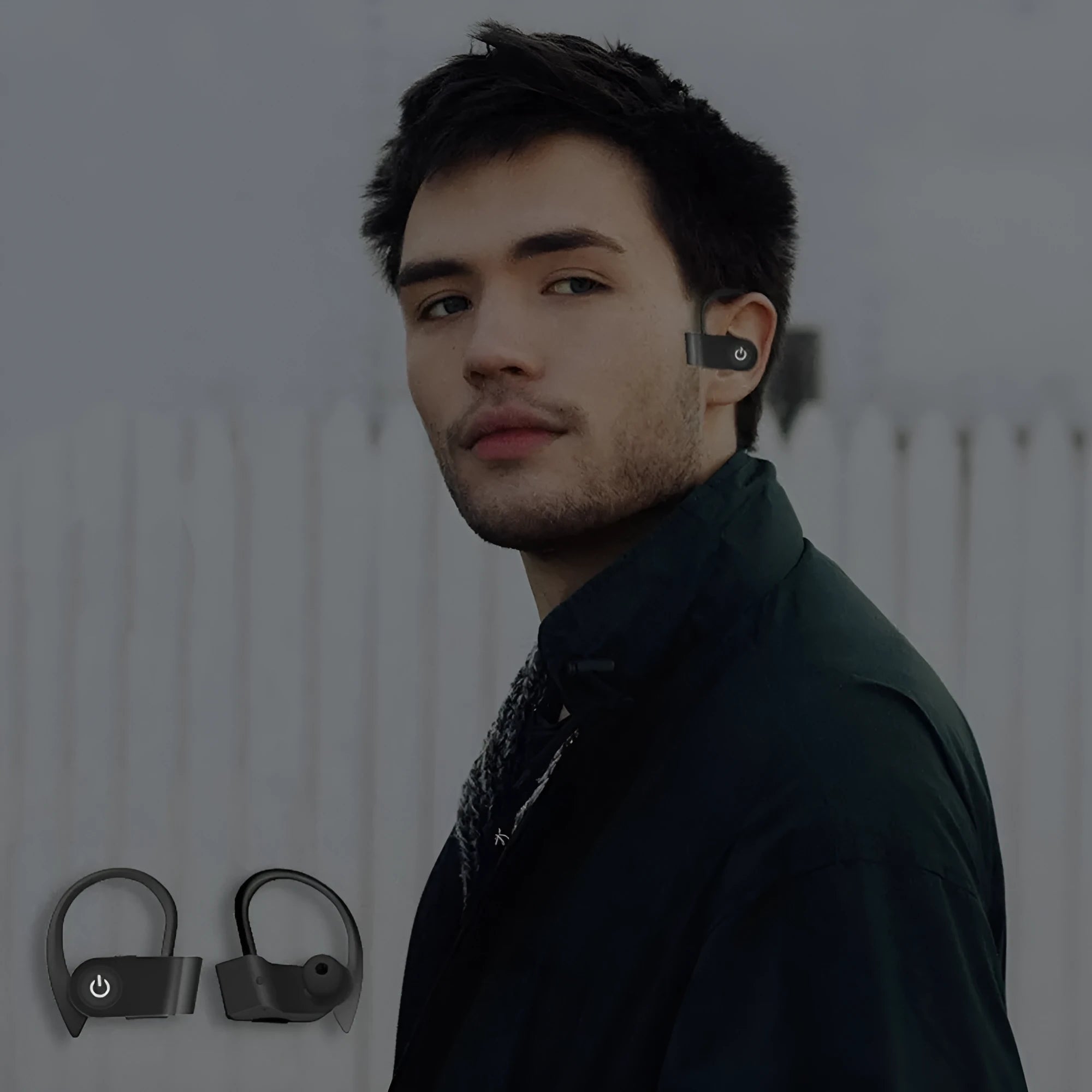 Black Bluetooth earphones with ergonomic design showing LED indicators and control buttons