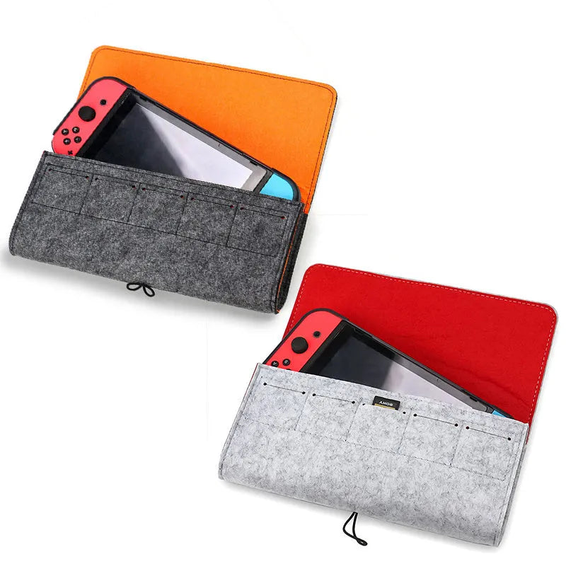 Black felt Nintendo Switch pouch case with game card slots and double layer storage compartments