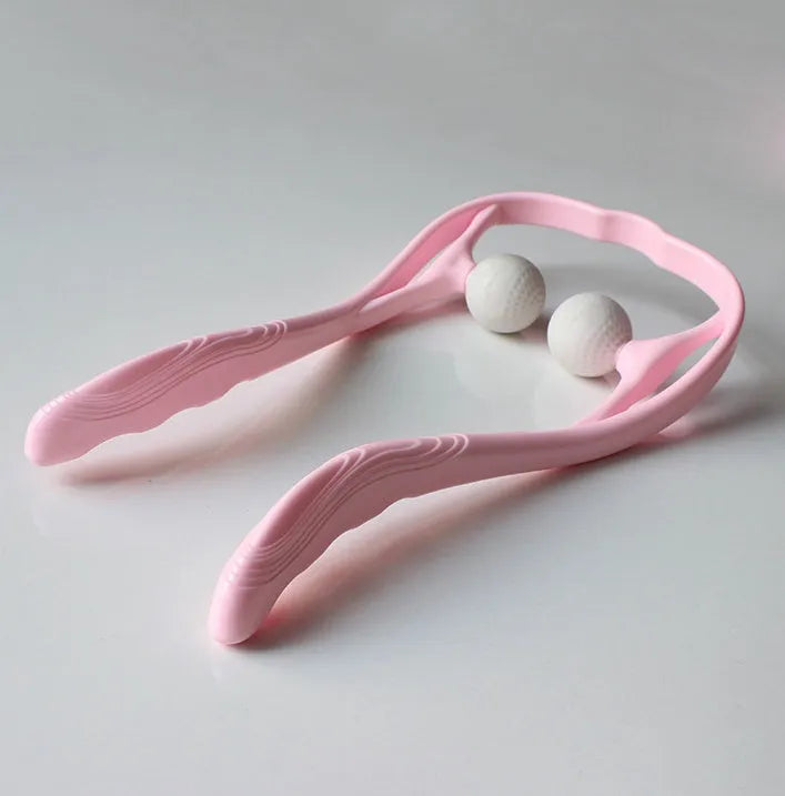 Manual neck and shoulder massager with adjustable stand and 3D floating-point rollers in pink, blue, and green colours.