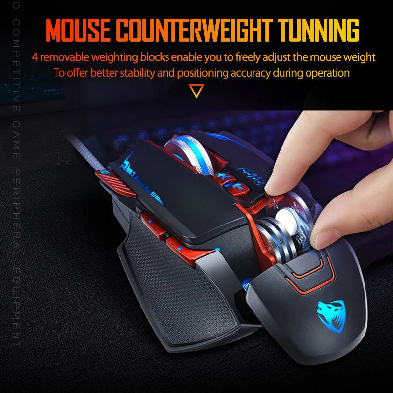 Thunder Wolf V9 black and grey wired gaming mouse with USB cable on a desk