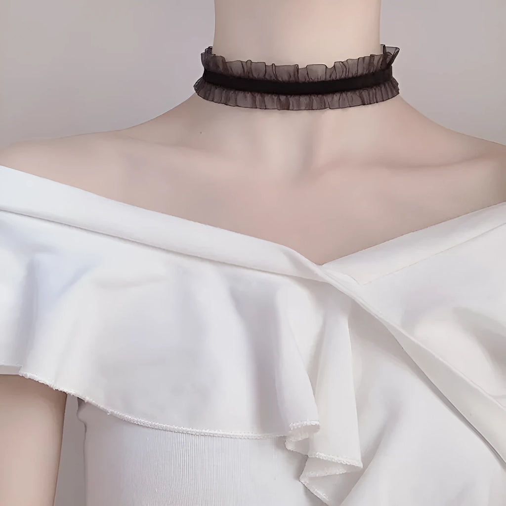 Velvet ruffled flower pendant clavicle necklace with snake bones chain in black, light coffee, or white colour