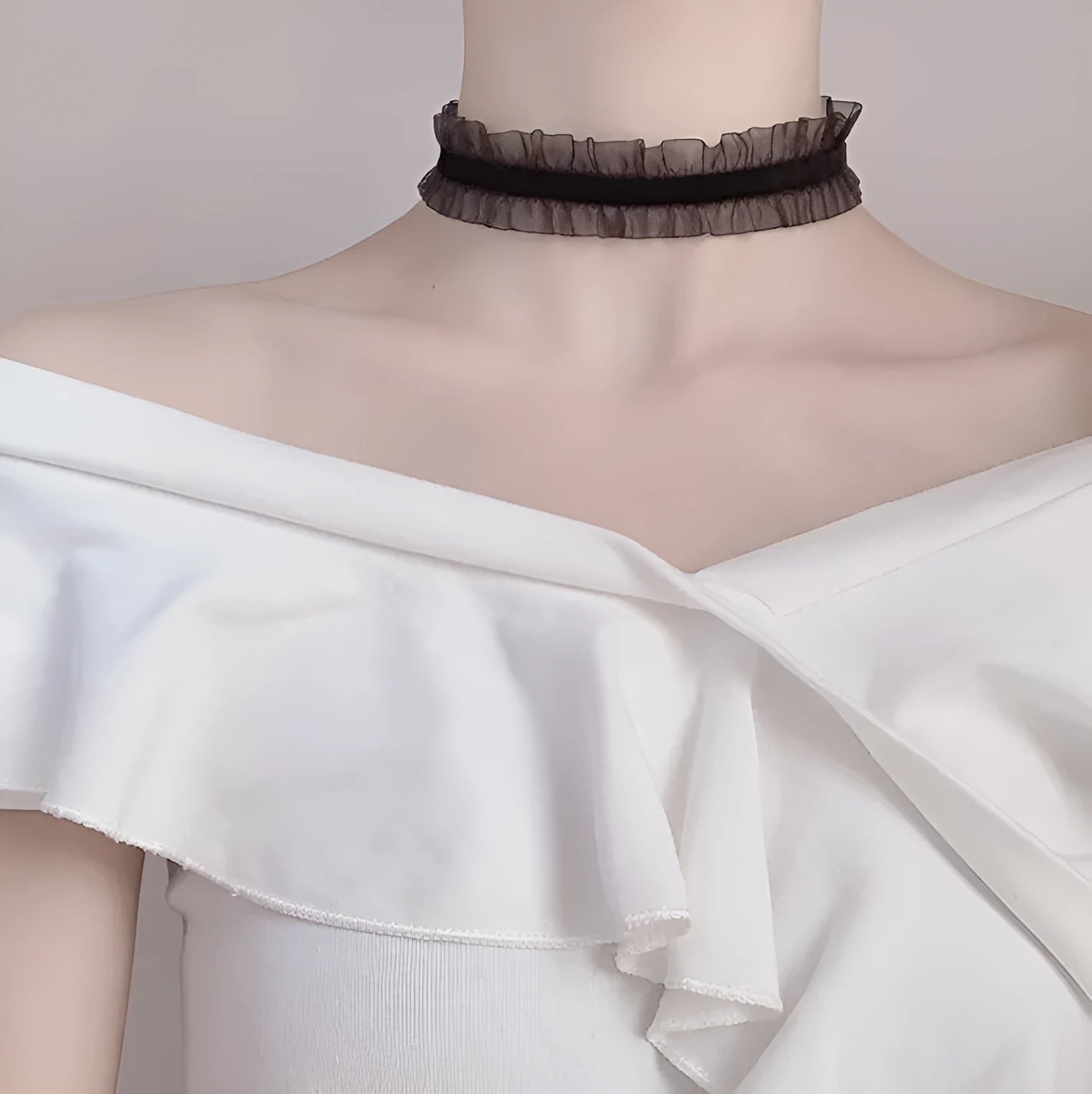 Velvet ruffled flower pendant clavicle necklace with snake bones chain in black, light coffee, or white colour