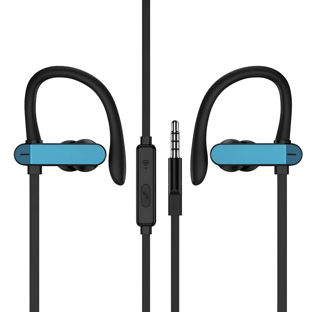 PTM TS27 sport earbuds with black and blue flexible ear hooks and silicone tips for running and gym