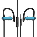 PTM TS27 sport earbuds with black and blue flexible ear hooks and silicone tips for running and gym