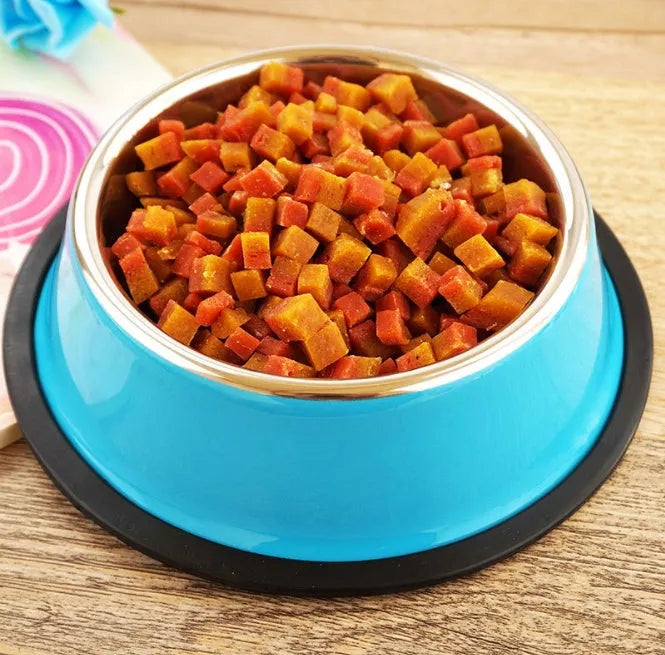 Stainless steel pet feeding bowl with colourful melamine exterior and non-slip rubber base