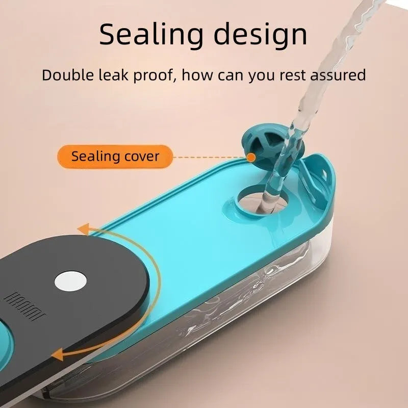 Blue portable pet water bottle with foldable silicone drinking bowl extended, showing carry handle.