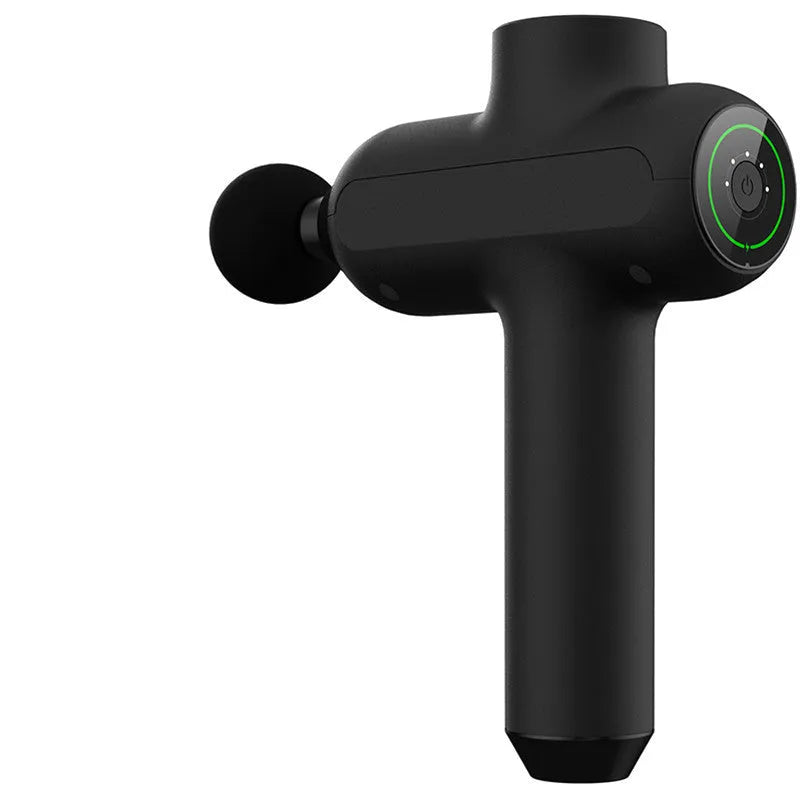 Rechargeable muscle massager with six black massage heads in Deep Rock Black colour.