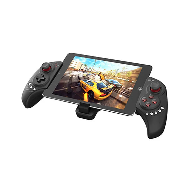 Wireless telescopic gamepad controller extended with smartphone showing ABS construction and control buttons