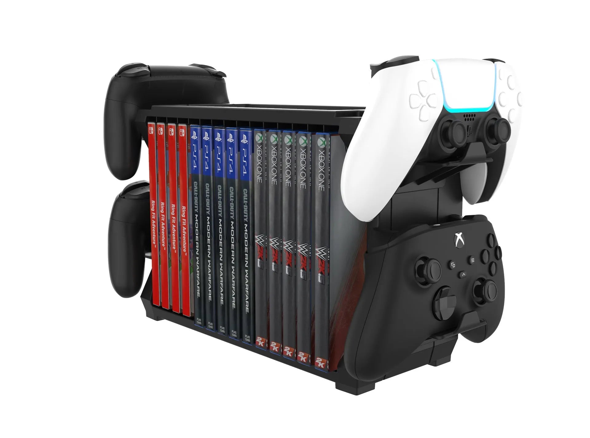 Black PS5 disc holder for multiple consoles with controller stand slots