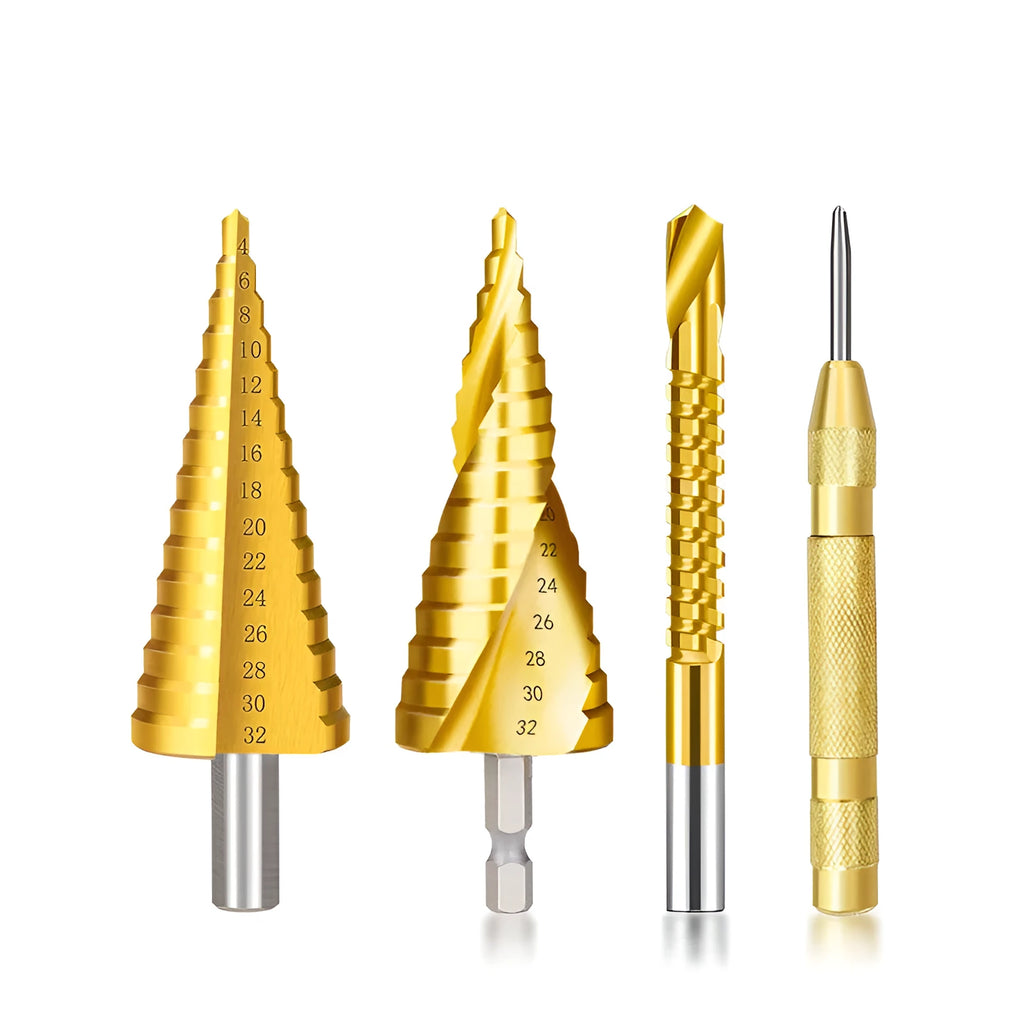 High speed steel cone step drill bit and centre punch set for metalworking and DIY.