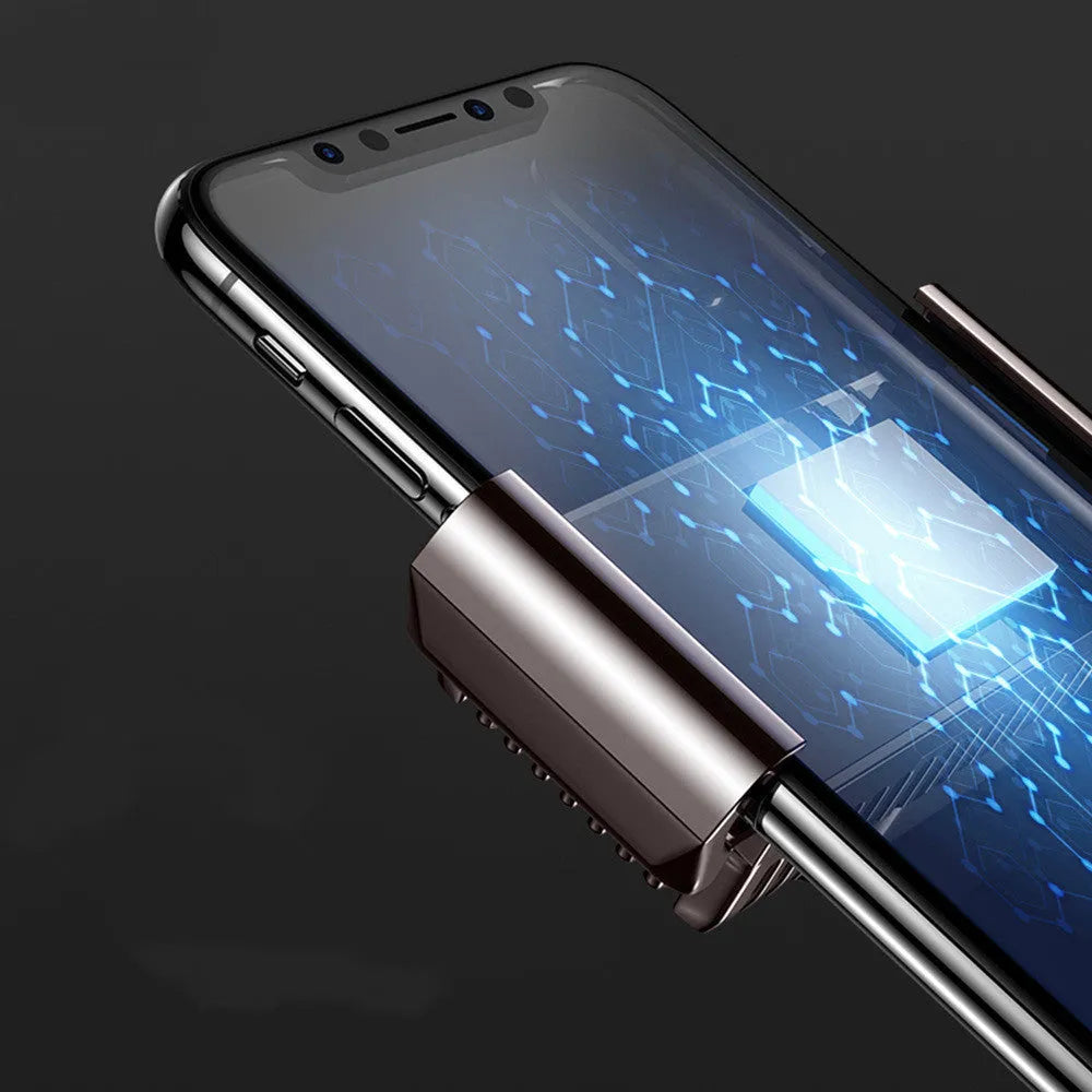 Black mobile phone cooling fan radiator clipped to a smartphone, with USB cable.