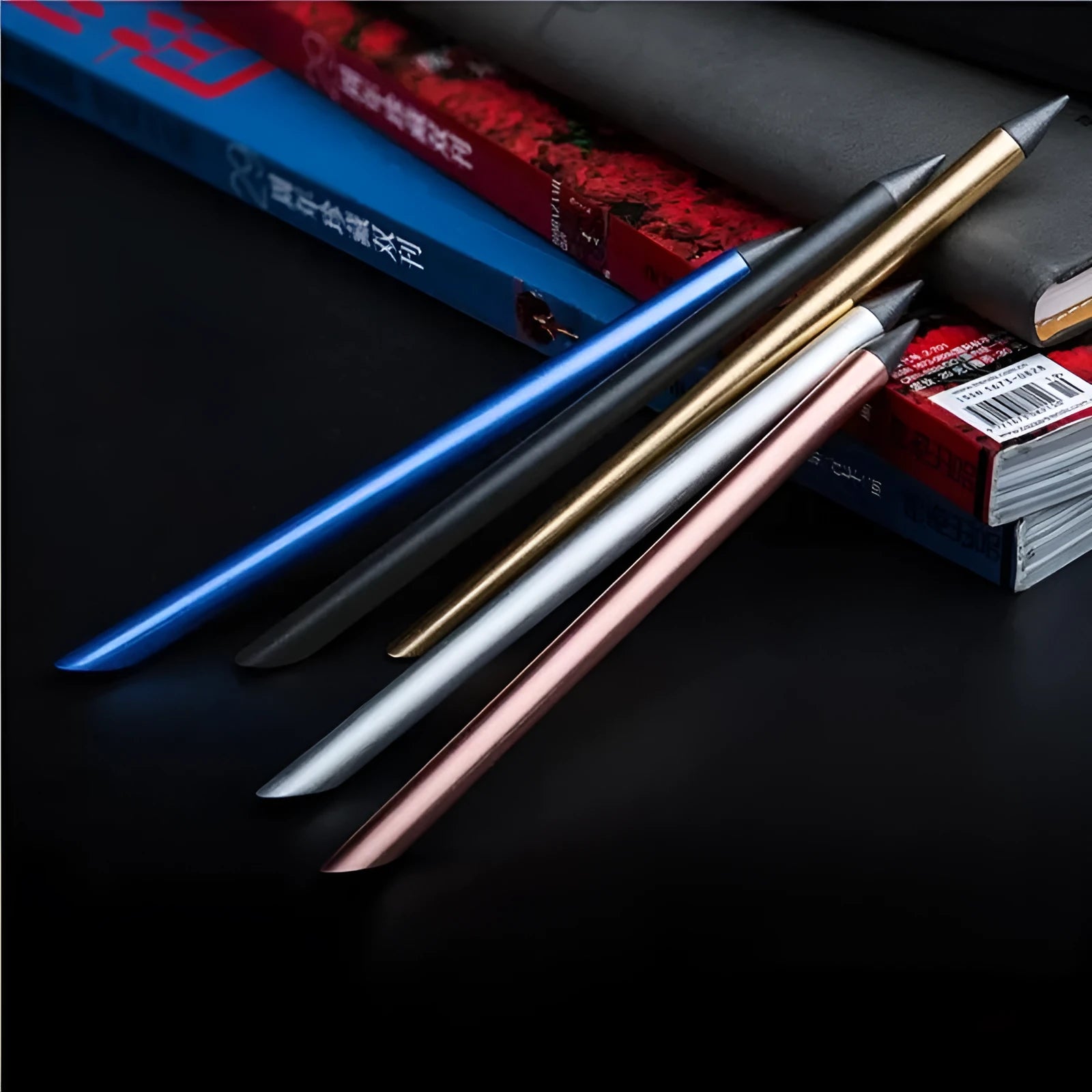 Inkless metal pen with alloy steel tip in choice of five colours including spare nib and pen bag