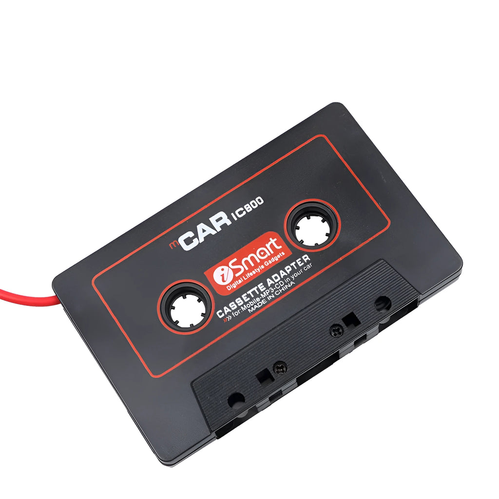 Black car cassette adapter with 3.5mm audio jack for connecting portable music players to car stereos